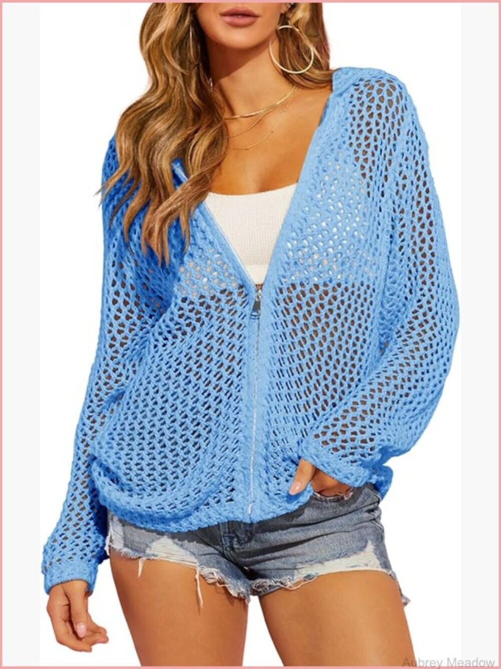 Crochet Lightweight Cardigan Zip Up Hooded Long Sleeve Knit Sweater Beach Cover - Picture 1 of 5